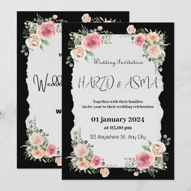 Romántica caligrafía negra invitación de boda comp (Anverso / Reverso)