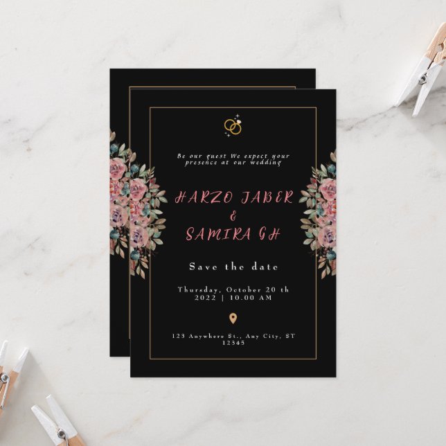 Romántica caligrafía negra invitación de boda comp (Anverso/Reverso In Situ)