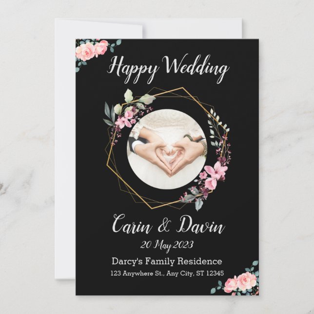 Romántica caligrafía negra invitación de boda comp (Anverso)