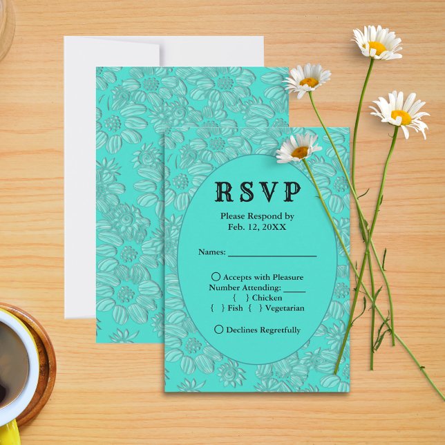 Romántica Daisies Turquesa Boda RSVP Carta de menú (Romantic Daisies Turquoise Wedding RSVP Menu Card)