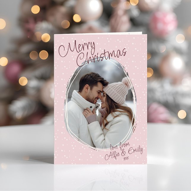 Romántica foto de Doodle Rosa Feliz Navidad doblad (Romantic pink snowy hand drawn Merry Christmas Photo Folded Christmas Card - easily personalised)