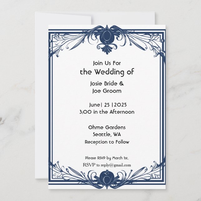 Romántica invitación a la boda azul victoriana (Anverso)