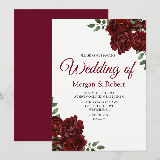 Romántica invitación a la boda de la rosa roja bor (Anverso / Reverso)