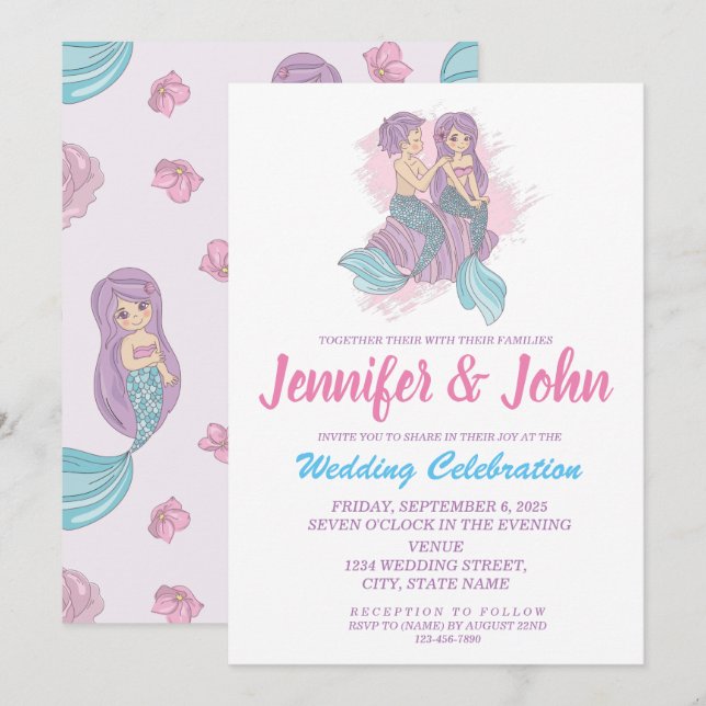 Romántica invitación a la boda de la sirena de had (Anverso / Reverso)