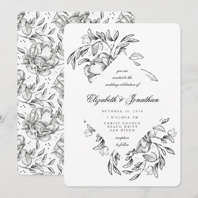 Romántica Invitación de Boda de Esbozo Floral Negr (Anverso / Reverso)