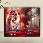 Romántica pasión por el bosque tu placa fotográfic<br><div class="desc">Placa fotográfica que muestra una romántica escena forestal en rojos brillantes con la foto de su personalizado. Un bello recuerdo para un compromiso,  boda o aniversario. Personalizable para otras situaciones.</div>