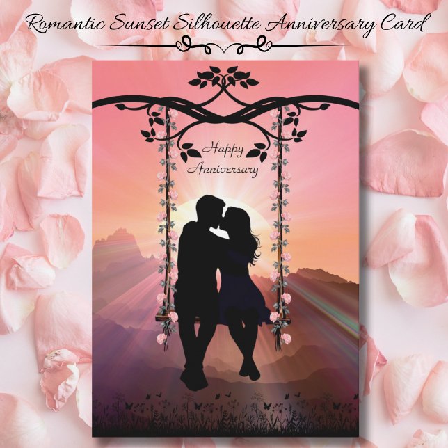 Romántica tarjeta de aniversario de la pareja de s (Romantic Sunset Silhouette Couple Anniversary Card (Front))