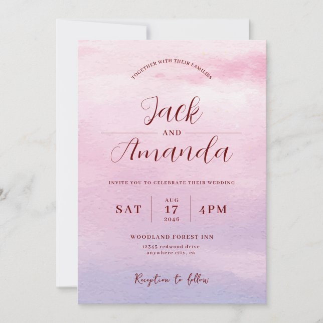 Romántico atardecer Invitaciones a la boda acuarel (Anverso)