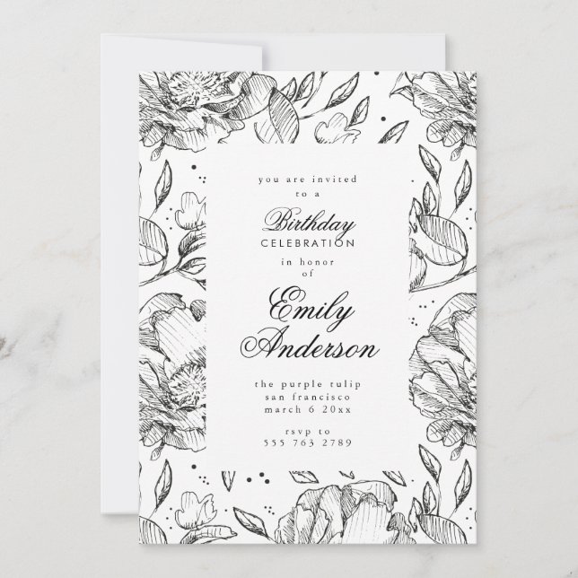 Romántico Black Floral Elegante Invitación de cump (Anverso)