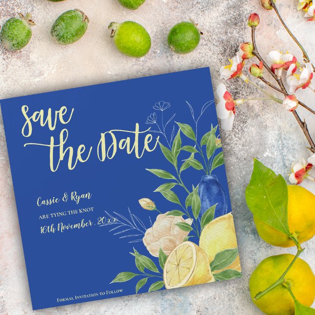 Romántico Blue Florals & Lemon Save the Date (Romantic Blue Florals & Lemon Save the Date Invitation)