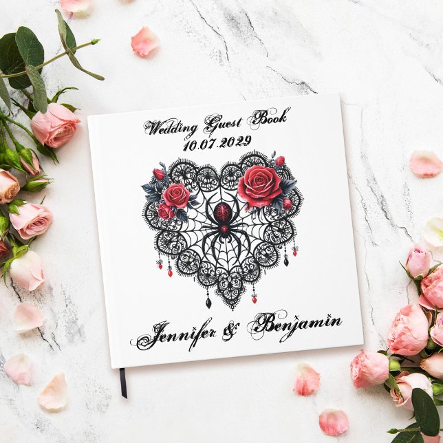 Romántico Boda Gótico Libro De Invitados Con Spide (White wedding guest book with dark romance lace spider web and roses - gothic stylle)