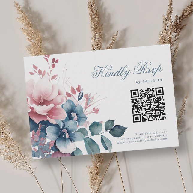 Romántico Boho Dusty Blue Floral Wedding RSVP QR (Romantic Boho Dusty Blue Floral Wedding RSVP QR)