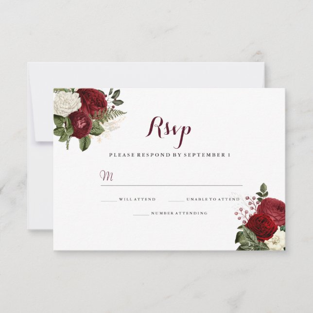 Romántico Burgundy Rojo Blanco Floral Boda RSVP (Anverso)