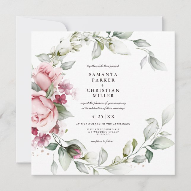 Romántico cuadrado | Invitación a la boda floral (Anverso)