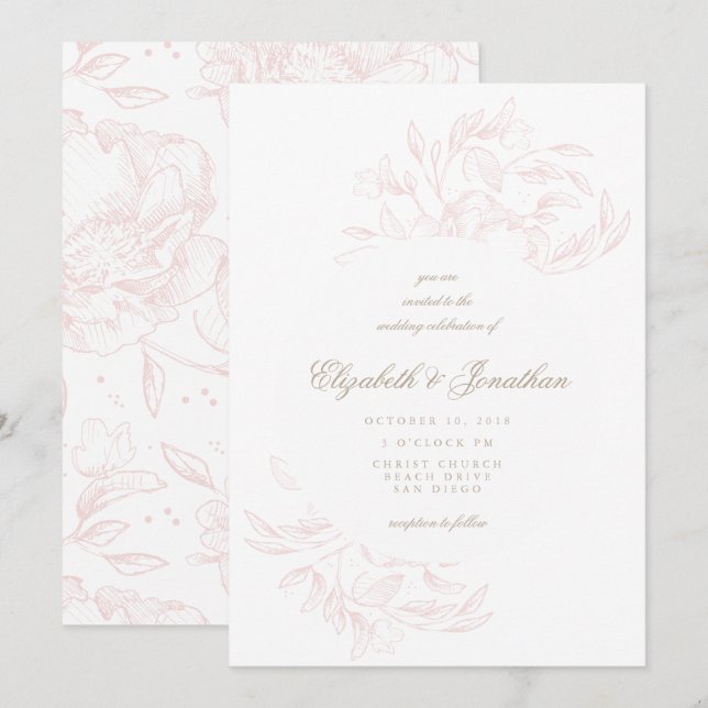 Romántico Elegante Esbozo Floral Invitación a la B (Anverso / Reverso)