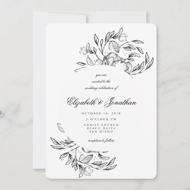 Romántico Elegante Esbozo Floral Invitación a la B (Anverso)