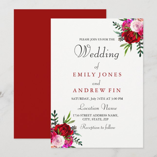 Romántico elegante invitación a la boda rosa Rojo (Anverso / Reverso)