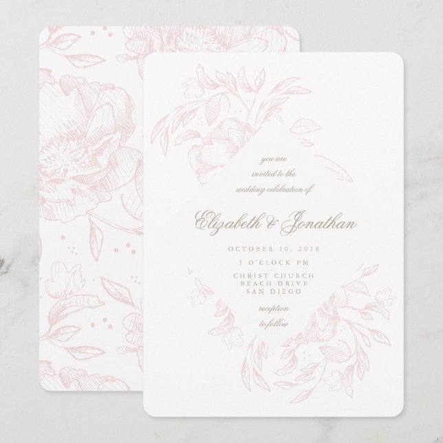 Romántico Esbozo Floral Rosa Invitación a la Boda (Anverso / Reverso)