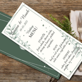 Romántico Gentle Green Leaves Boda Menú de cena