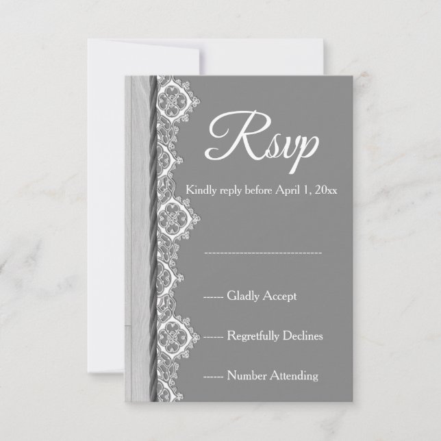 Romántico gris encaje blanco y boda gris RSVP (Anverso)