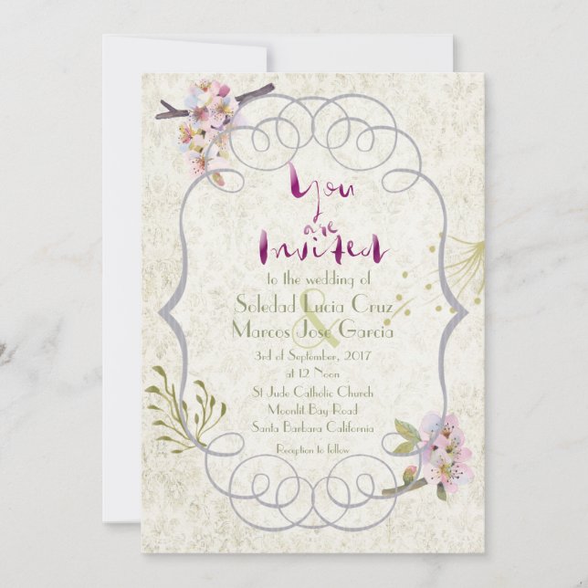 Romántico Jardín Magenta Invitación a la Boda Fant (Anverso)