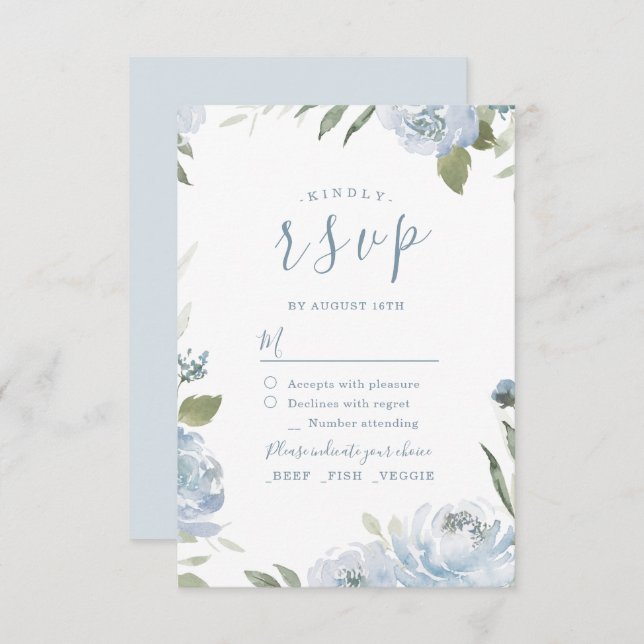 Romántico jardín polvoriento boda floral azul RSVP (Anverso / Reverso)