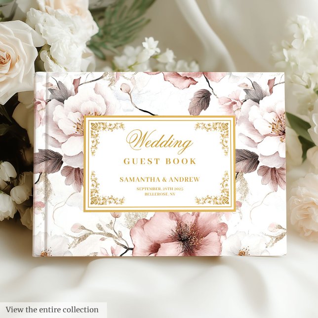 Romántico libro de Bodas florales de marfil en Rub (Romantic Blush Ivory Gold Floral Wedding Guest Book

)