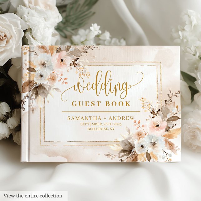 Romántico Libro de Oro Rosa Pálido Romántico Boho  (Romantic Pale Pink Gold Boho Autumn Guest Book)