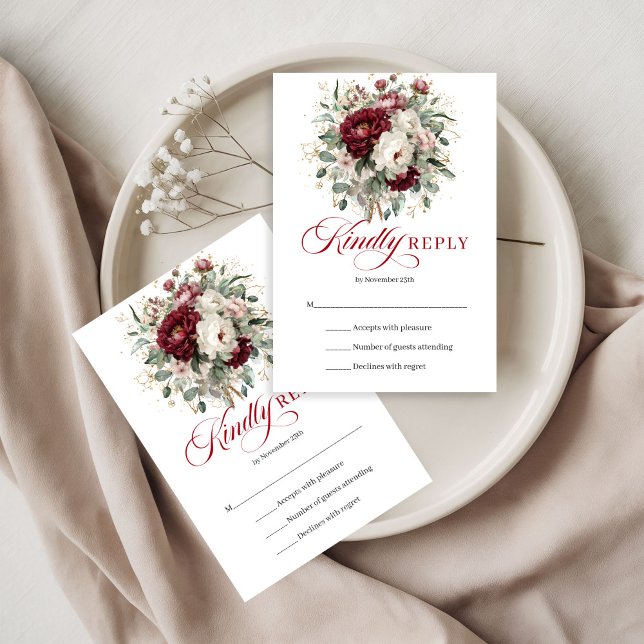 Romántico Marsala Floral Eucalipto Boda RSVP  (Romantic Marsala Floral Eucalyptus Wedding RSVP Card)