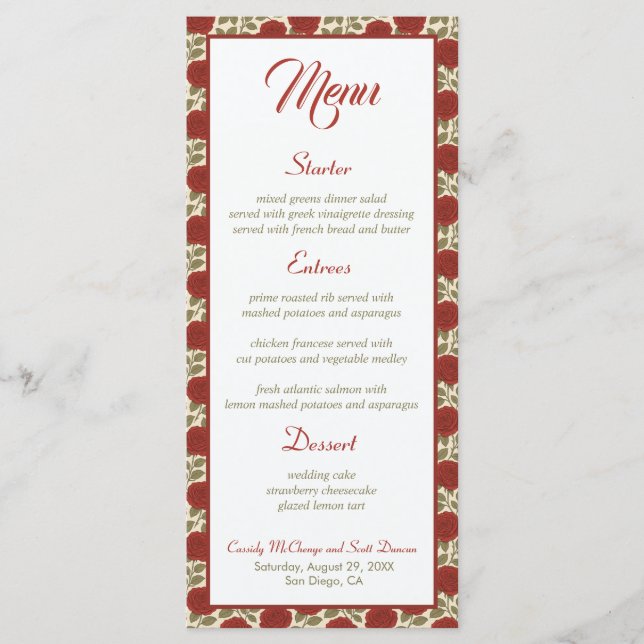 Romántico menú Boda de Rosa Roja Victoriana (Anverso)