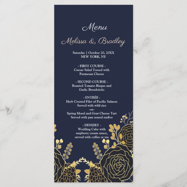 Romántico menú Boda dorado de la Marina Floral Azu (Anverso)