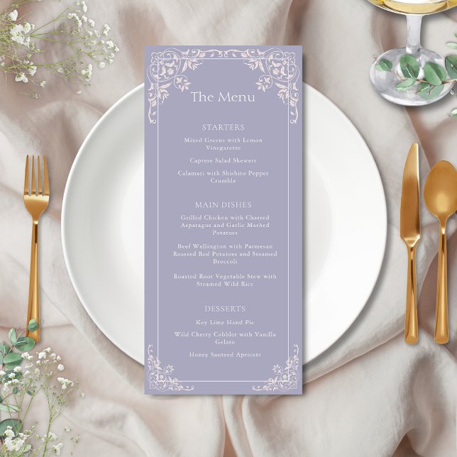Romántico Menú de Boda Elegante Lilac Francés (Elegant french lilac theme wedding menu cards for romantic bridgerton inspired vintage shabby chic)
