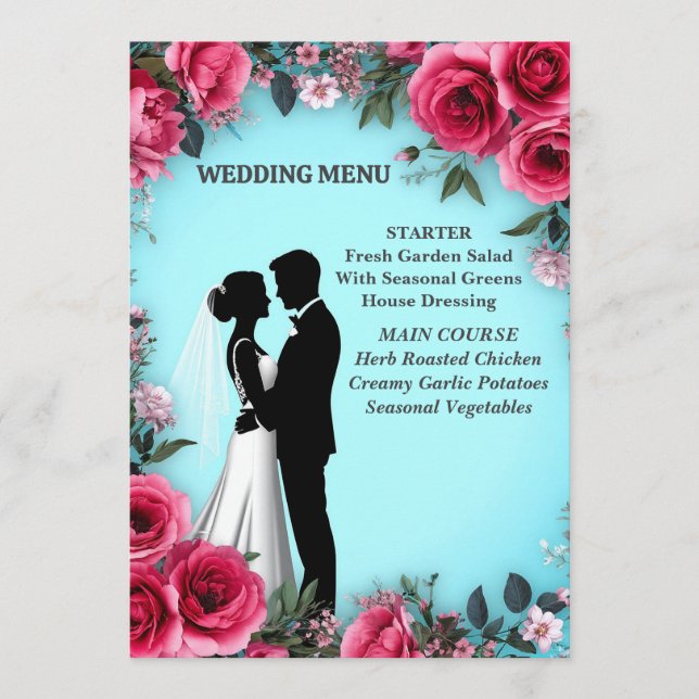 Romántico menú de cena de boda con rosa azul y ros (Anverso)