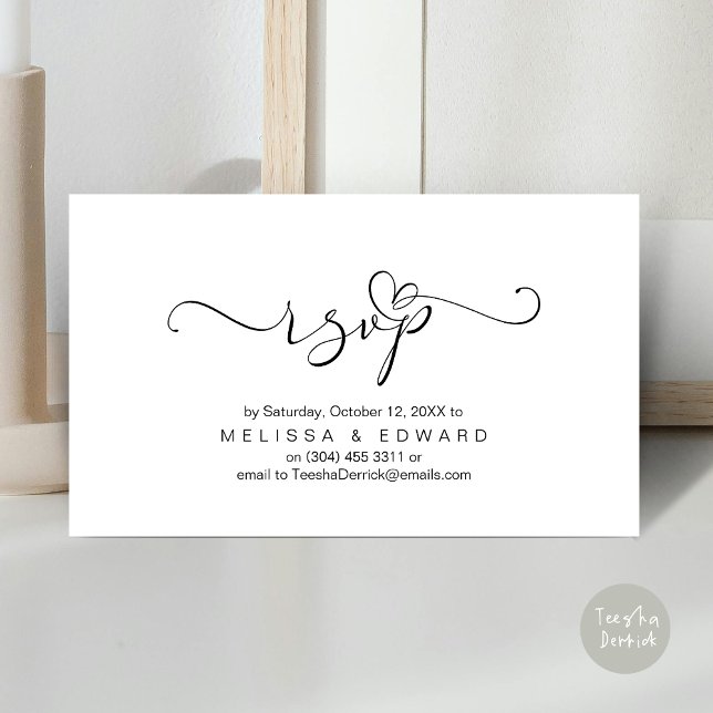 Romántico, negro, Invitación RSVP, responder (Romantic Wedding RSVP Dinner Invitation Card, Modern Online Phone Email Website Reminder Black White)