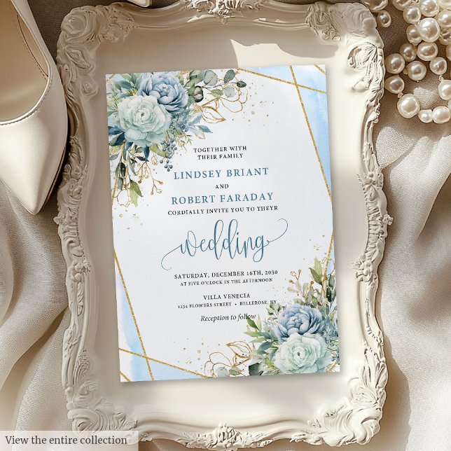 Romántico Pastel Azul Flores de Oro Invitación a l (Romantic Pastel Blue Gold Flowers Wedding Invite)