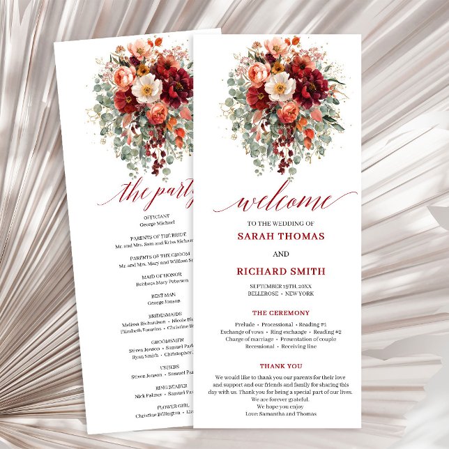Romántico programa de boda de otoño con eucalipto  (Romantic Burgundy Gold Eucalyptus Fall wedding program

)