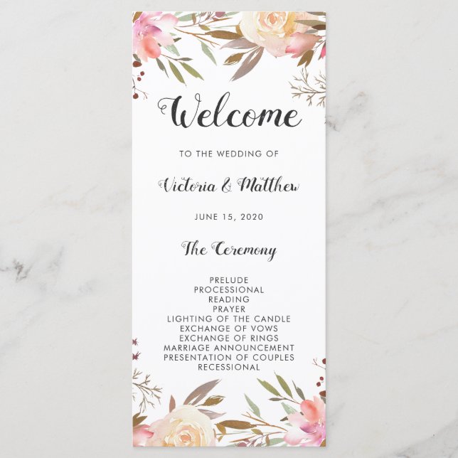 Romántico programa de bodas florales en flor Rubor (Anverso)
