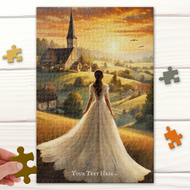 Romántico rompecabezas de arte romántico (Puzzle featuring a romantic fine art painting of a lady in a long dress looking at the sunset )