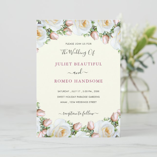 Romántico Roses Blancos Elegante Invitación a la B (Anverso de pie)