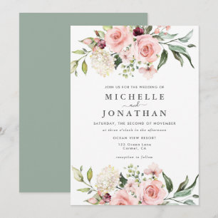 Romántico Roses rosados Invitación a la boda Verde