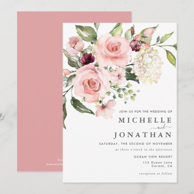 Romántico Roses rosados Polvorientos Invitación a  (Anverso / Reverso)