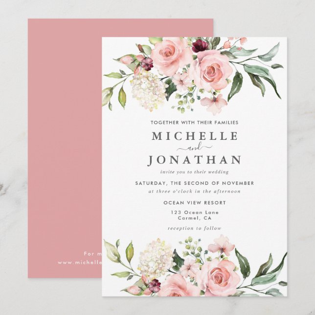 Romántico Roses rosados Polvorientos Invitación a  (Anverso / Reverso)