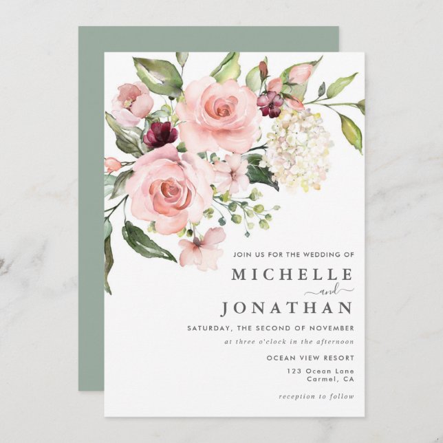 Romántico Roses rosados Polvorientos Invitación a  (Anverso / Reverso)