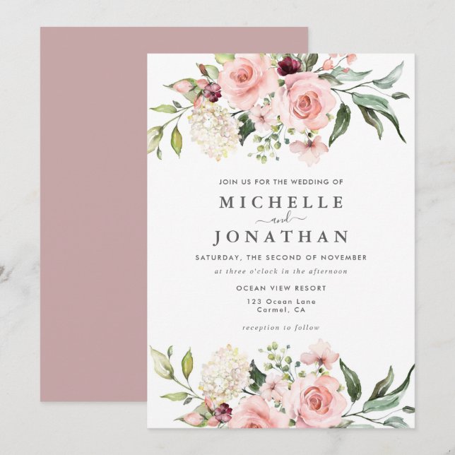 Romántico Roses rosados Polvorientos Invitación a  (Anverso / Reverso)