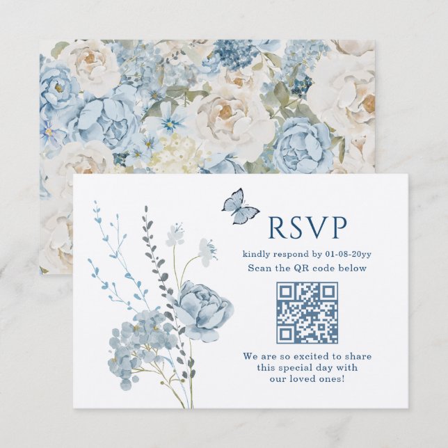 Romántico RSVP de Boda Floral Acuarela Azul Polvor (Anverso / Reverso)