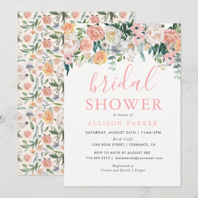 Romántico Rubor Flores Invitación a ducha de novia (Anverso / Reverso)
