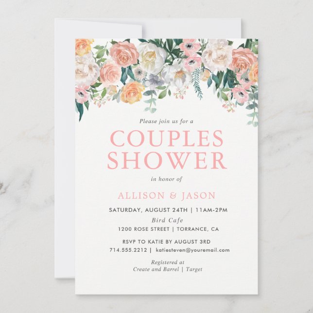 Romántico Rubor Flowers Parejas Invitación a la du (Anverso)