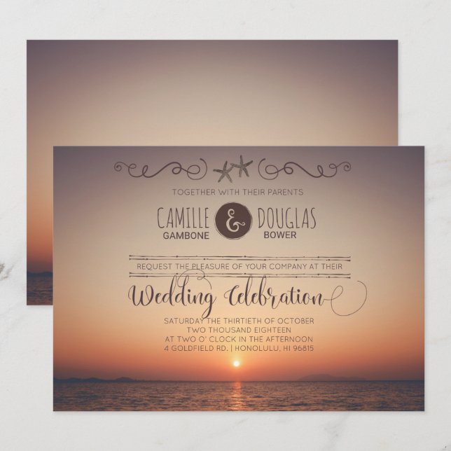 Romántico Sunset Beach Wedding Invitación (Anverso / Reverso)