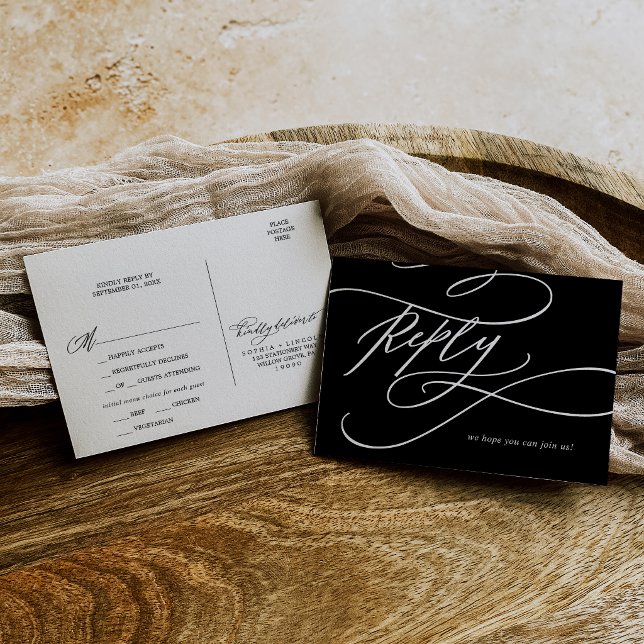 Romántico | Tarjeta Postal de RSVP de Comida Impri (Romantic | Dark Black Printable Meal RSVP Postcard)