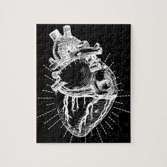 Rompecabezas anatómico blanco y negro del corazón (Vertical)